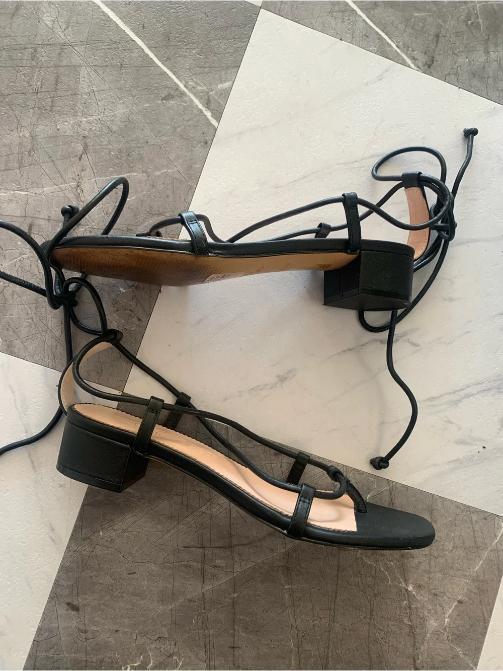 J. Crew Black Lace-Up Toe-Loop Sandals with Tan Insole